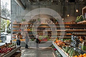 A group of people are shopping in a produce section of a grocery store