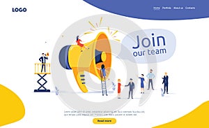 Group of people shouting on megaphone Join our team vector illustration concept. Flat style illustration for web.