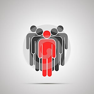 Group of people silhouette with red leader, simple black icon with shadow on gray