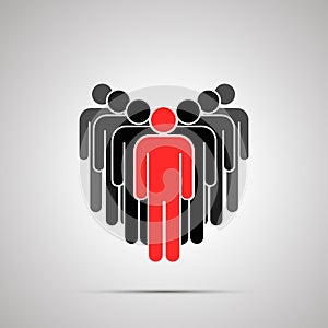 Group of people silhouette with red leader, simple black icon with shadow on gray