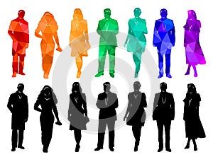 Group of people, silhouettes of men and women, passers-by, ladies and gentlemen, office workers, businessmen, business people. photo