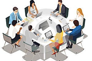 Group of people sitting around a conference table in a meeting. The people are dressed in business attire and are engaged in