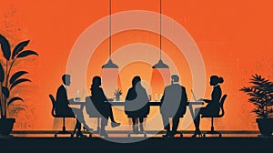 A group of people are sitting around a table in a business setting