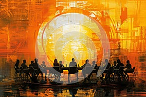 A group of people are sitting around a table in a spiral pattern