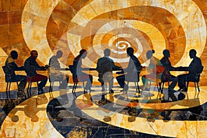 A group of people are sitting around a table in a spiral pattern