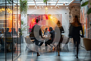 A group of people are sitting around a table in a spiral pattern