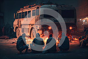 a group of people sitting next to a military vehicle in a broken city