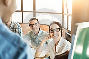 Group of people sitting at seminar, copy space