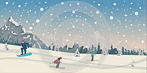 Group of people ski in the mountains. Skiers in the mountains. Sunny winter landscape. Vector illustration