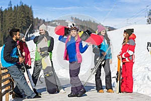 Group Of People Ski And Snowboard Resort Winter Snow Mountain Cheerful Happy Smiling Friends Talking Holiday