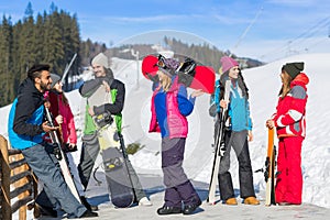 Group Of People Ski And Snowboard Resort Winter Snow Mountain Cheerful Happy Smiling Friends Talking Holiday