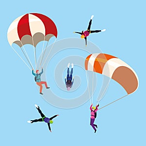 group people skydivers in air