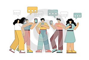Group of people with smartphones. Men and women communicating while holding mobile phones in their hands.