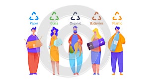 Group of people sort trash in multi-colored bins