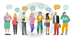 Group people speech bubbles comunication vector Illustration. Chat participants ask questions, find music, discuss