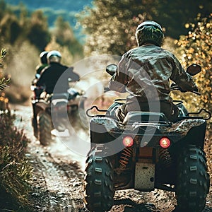 A group of people is speeding down the dirt road on ATVs