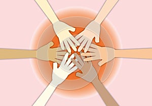 Group of people stacking hands shows unity and teamwork, connection concepts.
