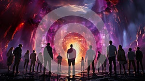 A group of people stand in front of a tunnel