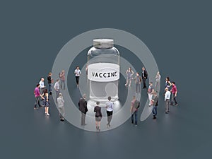 Group of people standing around a bottle of vaccine
