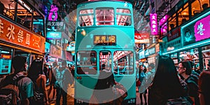 Group of people standing around a red double decker bus in a city setting