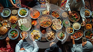 Group of People Standing Around a Table With Food