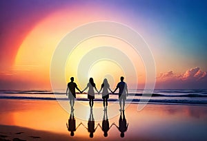 a group of people standing on the beach holding hands