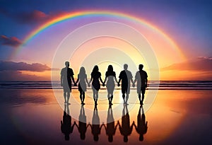 a group of people standing on the beach holding hands in front of a rainbow