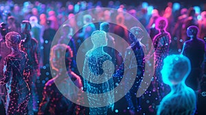 Group of People Standing Before a Crowd, holographic wireframe digital visualization