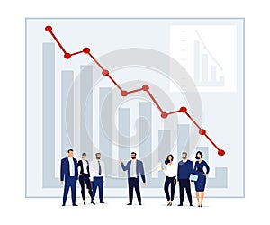 A group of people is standing in front of a fall chart. Conceptual illustration of teamwork, global economic crisis