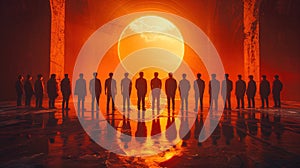 A group of people standing in front of a large orange sun photo