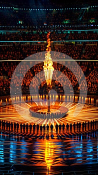 Group of people standing in front of ring of fire on stage. AI