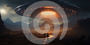 Group of people standing mesmerized in front of a UFO in the sky