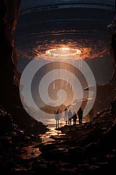 Group of people standing mesmerized in front of a UFO in the sky