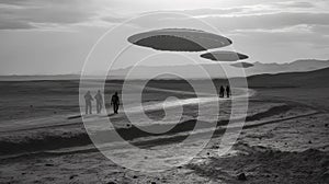 Group of people standing mesmerized in front of a UFO in the sky