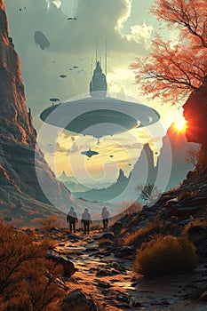 Group of people standing mesmerized in front of a UFO in the sky