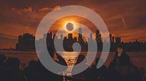 A group of people are standing on a pier watching the solar eclipse over the New York city