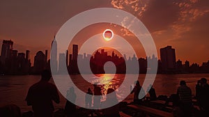 A group of people are standing on a pier watching the solar eclipse over the New York city