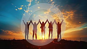 A group of people are standing together in a field, holding hands