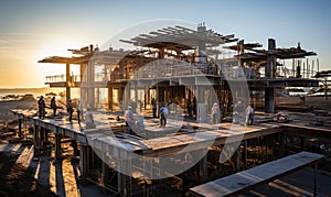 Group of People Standing on Top of Building Under Construction