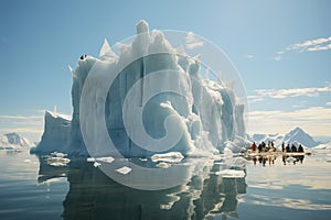 A group of people standing on top of an iceberg. Global warming, people bathe between icebergs