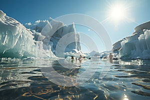 A group of people standing on top of an iceberg. Global warming, people bathe between icebergs