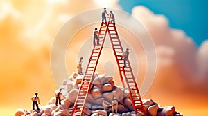 Group of people standing on top of pile of rocks next to ladder. Generative AI