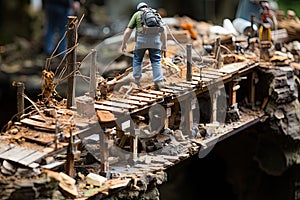 A group of people standing on top of a wooden bridge