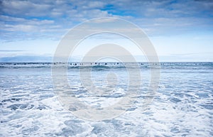 Group of people on the surfboard waiting for the waves.  Day with clouds. An island on the horizon. Concept of freedom and