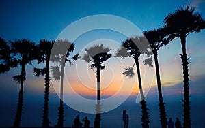 Group of people take photo at beach on sunset.