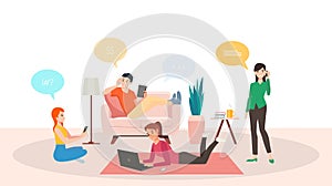 Group of people talking smartphone and working on laptop from home in flat icon design