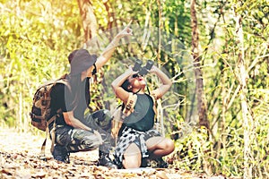 Group people teacher woman and student see binoculars for explore