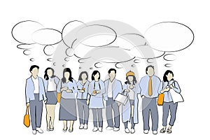 Group of people thinking illustration of men and women with thought bubble