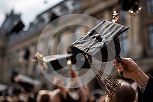 A group of people are throwing their graduation caps in the air