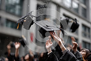 A group of people are throwing their graduation caps in the air